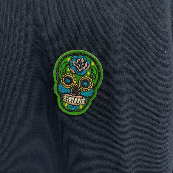 SUSPICIOUS ANTWERP Embroidered Skull Crew Neck Navy Blue Sweatshirt Size S - Picture 3 of 6